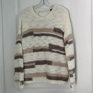 Knitizen Cream and Brown Crew Neck Keyhole Knit Sweater